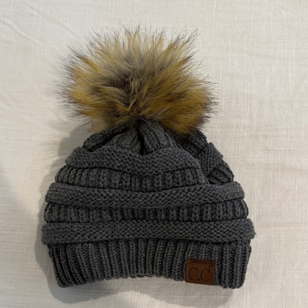 CC Boutique Charcoal Knit Beanie with Faux Fur Pom-Pom